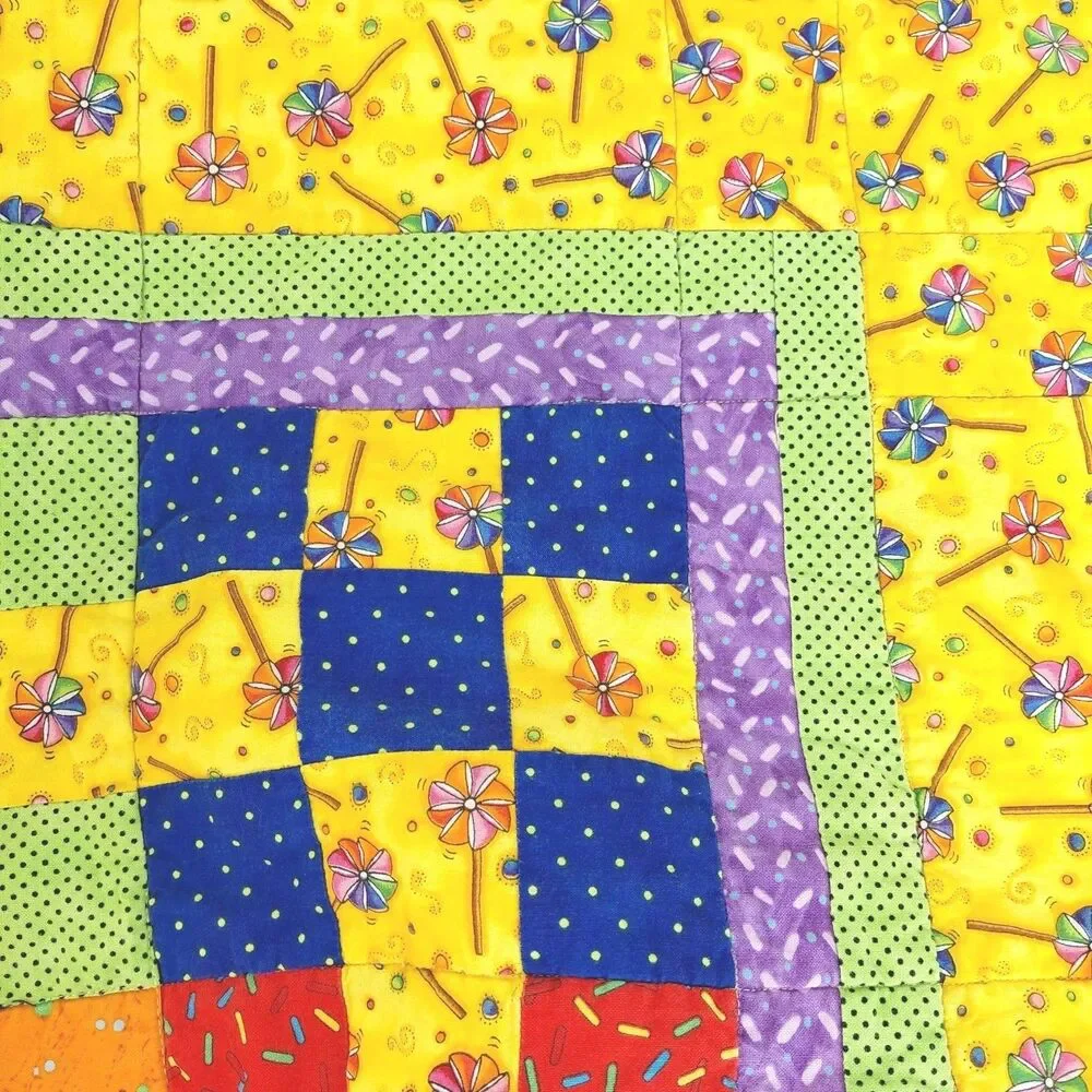 Handmade Baby Lap Picnic Wall Quilt Bright Summer Pinwheel Cotton Yellow Green